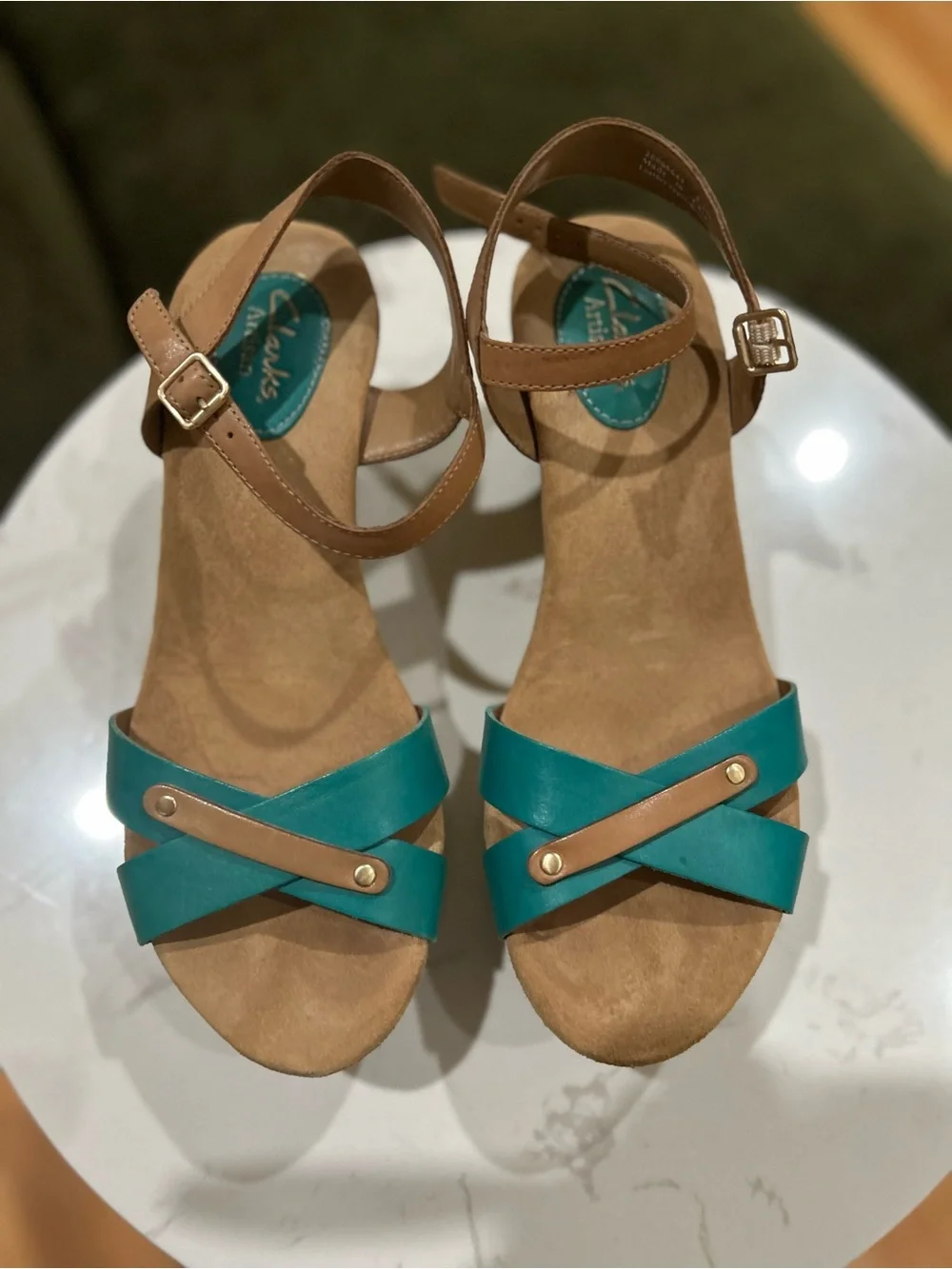 Clarks Teal and Tan Cross-Strap Wedge Sandals